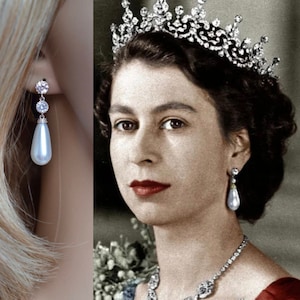 Royalty Replica Queen Victoria's Pearl Drop Earrings Pearl & Cubic Zirconia CZ Drop Earrings, Necklace, Set, Silver or Gold  (Pearl-946)