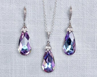 Austrian Crystal Lavender and Aquamarine Vitrial Light Long Teardrop Crystal Dangle Earrings, Necklace, Set, Bridal, Wedding (Sparkle-3090)