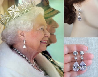 Royalty Replica Queen Victoria's Coronation Earrings, Large Cubic Zirconia CZ Drop Earrings, Bridal, Wedding (Sparkle-3302)