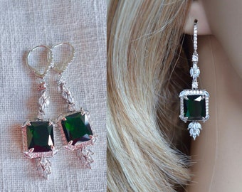 NEW Long Emerald Green Emerald Cut Halo Cubic Zirconia CZ Dangle Earrings, Wedding, Bridal (Sparkle-3435)