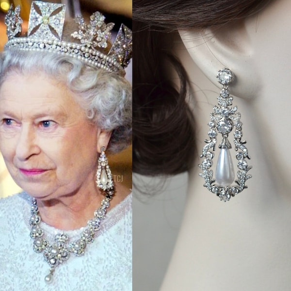 NEW Royalty Reproduction Queen Elizabeth II Gloucester Pearl Pendant Cubic Zirconia CZ Drop Dangle Earrings, Bridal, Wedding (Pearl-1023)