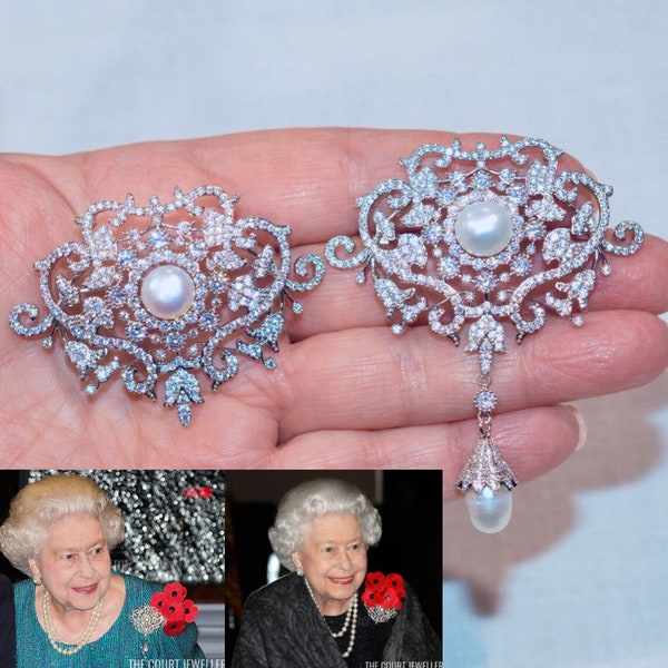 Royalty Replica Queen Elizabeth II The Richmond Brooch, Cubic Zirconia & Freshwater Pearl Silvertone Brooch or Necklace (Pearl-996)