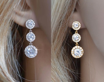 Rhodium Silver or Gold Plated Graduated Triple Round Brilliant Cut Clear Cubic Zirconia CZ Dangle Bridal Earrings, Wedding (Sparkle-1933)
