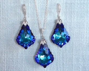 Large Austrian Crystal Peacock Sapphire Blue, Aqua, Teal, Turquoise, Purple Baroque Dangle Earrings, Necklace, Set, Bridal (Sparkle-3081)