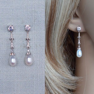 Vintage Inspired Genuine Freshwater Pearl and Cubic Zirconia CZ Dangle Bridal Earrings, Bridal, Wedding (Pearl-1000)