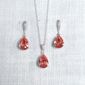 Small Light Coral Swarovski Rose Peach Teardrop Dangle Bridal Earrings, Necklace, Bracelet, Set, Bridal, Wedding (Sparkle-2946)
