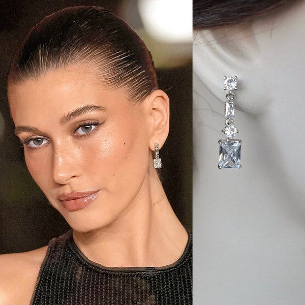 NEW Hailey Bieber Rhodium or Yellow Gold Celebrity Inspired Baguette, Brilliant & Emerald Cut CZ Bridal Dangle Earrings (Sparkle-3034-A)