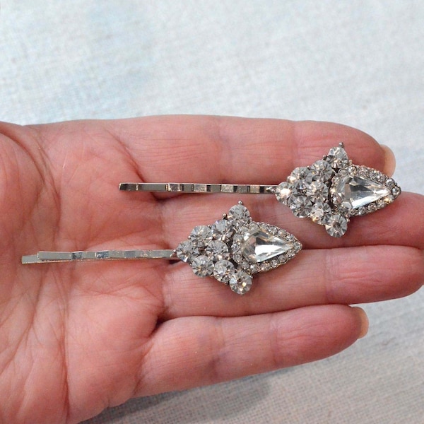 Set of 2 Gorgeous Handmade Art Deco Fancy Cut Pear Crystal Rhinestone Bridal Hair Pins, Bridal, Wedding (Sparkle-3047)