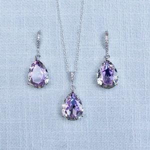 Lavender and Jonquil Pale Yellow Pear Cut Austrian Crystal Rhodium Dangle Earrings, Necklace, Set, Bridal (Sparkle-3284)