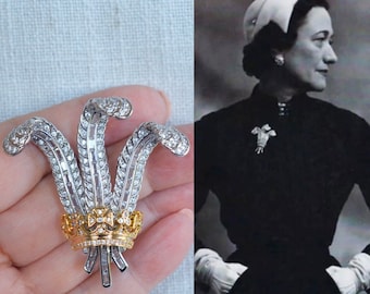 Royalty Reproduction Prince Edward and Wallis Simpson Prince of Wales Ostrich Feather Brooch Silver and Gold Pin or Brooch (Sparkle-3430)