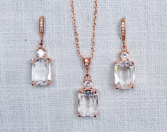 Rose Gold Clear Emerald Rectangular Cut Cubic Zirconia CZ Dangle Bridal Earrings, Necklace, Set, Bridal, Wedding (Sparkle-3062-C-RG)