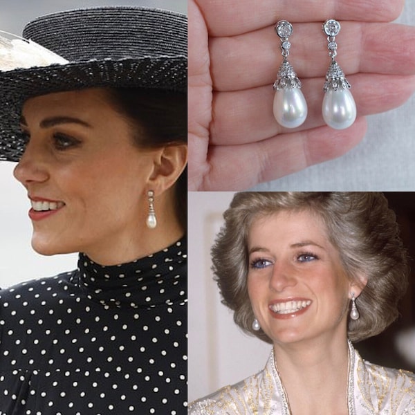 300+ Pairs Sold Silver or Gold Royalty Reproduction Princess of Wales Diana Collingwood Pearl & CZ Drop Earrings 2 Sizes (Pearl-915)