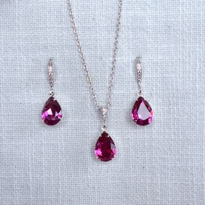 Small Fuchsia Pink Teardrop European Crystal Dangle Bridal Earrings, Necklace, Bracelet, Set, Bridal, Wedding (Sparkle-3381)