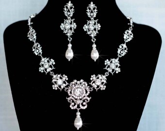 Vintage Inspired Crystal Rhinestone & Pearl Bridal Necklace and Earrings Jewelry Set, Bridal, Wedding (Sparkle-2765)