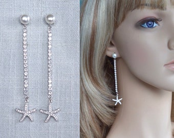 Extra Long Cubic Zirconia CZ and Pearl Starfish Dangle Bridal Earrings, Bridal, Wedding, Beach Destination Wedding (Pearl-1000)