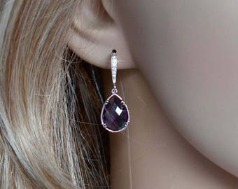 Checkerboard Pear Cut Amethyst Purple Crystal & Cubic Zirconia Dangle Earrings, Bridal, Wedding (Sparkle-2842)