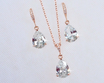 Classic Rose Gold AAA Clear Cubic Zirconia CZ Teardrop Bridal Necklace & Earrings Set, Bridal, Wedding (Sparkle-2835)