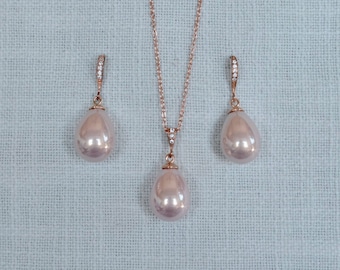 Blush Mother of Pearl Shell Pearl Dangle Earrings, Necklace, Set, Rhodium, Yellow or Rose Gold, Wedding, Bridal (Pearl-961)