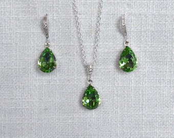 Small Peridot Green Pear Teardrop European Crystal Dangle Bridal Earrings, Necklace, Bracelet, Set, Bridal, Wedding (Sparkle-3127)
