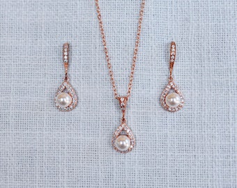Delicate Rose Gold Cubic Zirconia CZ & Swarovski Pearl Teardrop Dangle Bridal Earrings, Necklace, Set, Bridal, Wedding (Pearl-896-RG)