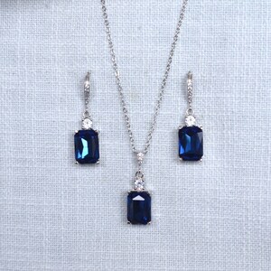 Montana Navy Blue Emerald Rectangle Cut European Crystal & Clear CZ Rhodium Dangle Earrings, Necklace, Set, Bridal (Sparkle-3178-MB)