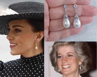 Más de 300 pares vendidos Pendientes colgantes de perlas y circonitas de la Princesa de Gales Diana Collingwood con reproducción de realeza en plata u oro, 2 tamaños (Pearl-915)