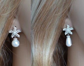 Rhodium,Yellow or Rose Gold Handmade Cubic Zirconia CZ Starfish & Pearl Dangle Bridal Earrings (Pearl-790)