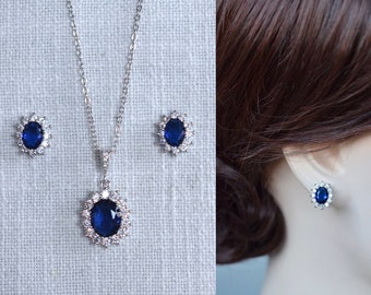 Classic Sapphire Blue Oval Cut Cubic Zirconia CZ Halo Stud Bridal Earrings & Necklace Set, Bridal, Wedding (Sparkle-3397)