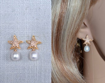 Goldtone Starfish CZ with Freshwater Pearl Dangle Earrings, Beach or Destination Wedding, Bridal, Wedding (Pearl-1003)