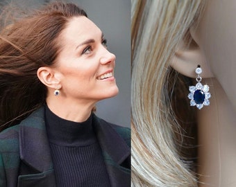 100+ Pairs Sold Royalty Replica Catherine Princess of Wales Oval Sapphire Blue & Clear CZ Dangle Earrings, Necklace, Bridal (Sparkle-2754)