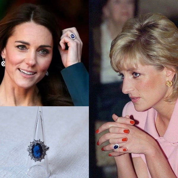 Royalty Replica Catherine and Diana Princess of Wales Duchess of Cambridge Sapphire & Clear CZ Engagement Ring, Bridal (Sparkle-3396)