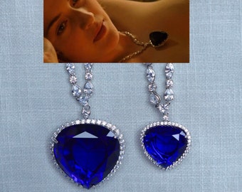 NEW Titanic Heart of the Ocean Necklace 2 Sizes Sapphire Blue Heart & Clear Round Cubic Zirconia, Pear Marquise Round Brilliant Cut Necklace