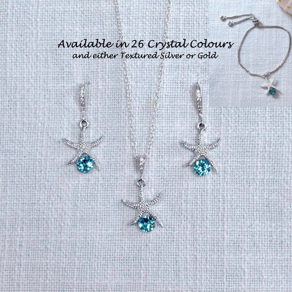 135+ Sold Textured Silver or Gold and Crystal Starfish Necklace Earrings Bracelet Set, Beach or Destination Wedding, Bridal (Sparkle-3132)