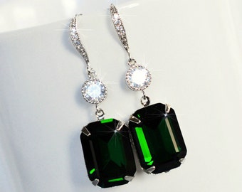 Handmade Emerald Green Emerald Cut Austrian Crystal & CZ Dangle Bridal Earrings, Bridal, Wedding (Sparkle-2519)