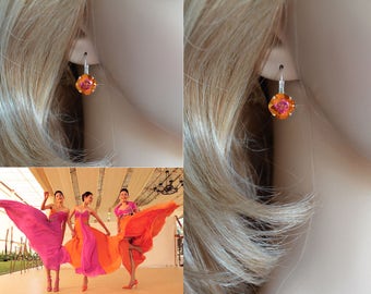 ALMOST GONE Tangerine & Fuchsia Swarovski Astral Pink Crystal Fancy Squar Cushion Cut Leverback Dangle Earrings, Bridal (Sparkle-2626-AP)