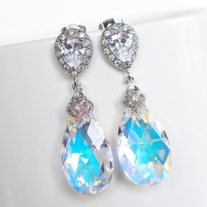 BIJNA OP Swarovski Aurora Borealis (AB) peer kristalheldere hangoorbellen, ketting, set, bruids, bruiloft (Sparkle-2165)