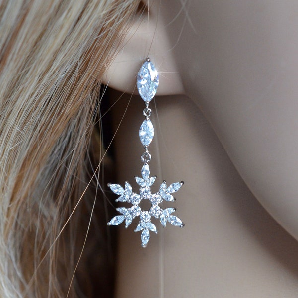 Exclusive White Gold Snowflake Fancy Cut Clear Cubic Zirconia CZ Snowflake Dangle Earrings, Necklace or Set, Bridal (Sparkle-2737)