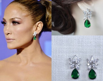 Celebrity Inspired Jennifer Lopez Marquise & Emerald Green Pear Cut CZ Drop Dangle Earrings, Necklace, Set, Bridal, Wedding (Sparkle-3384)