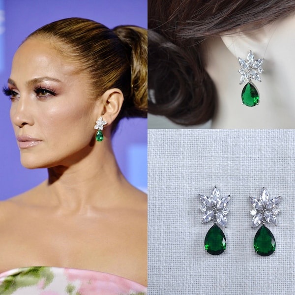 Celebrity Inspired Jennifer Lopez Marquise & Emerald Green Pear Cut CZ Drop Dangle Earrings, Necklace, Set, Bridal, Wedding (Sparkle-3384)