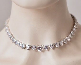 SALE Dramatic Heart Cut Cubic Zirconia CZ Necklace Collar, Graduated Size Heart CZs With or Without Pearl Drop, Bridal, Wedding (Pearl-968)