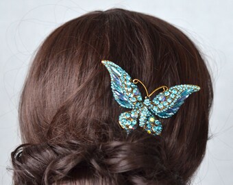 Hair Clip or Brooch Turquoise Crystal Yellow Gold Large Fancy Cut Clear Crystal Rhinestone Butterfly Hair Clip, Bridal (Sparkle-2724-A)