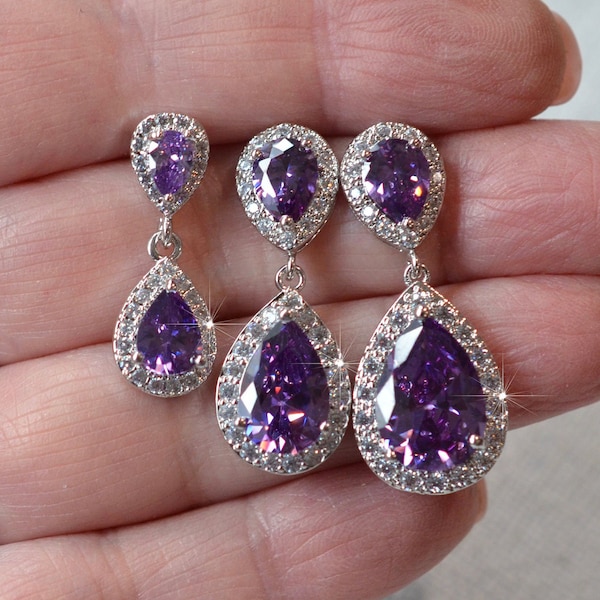 Handmade Classic Amethyst Purple Cubic Zirconia CZ Small, Medium or Large Teardrop Dangle Bridal Earrings, Bridal, Wedding (Sparkle-3160)