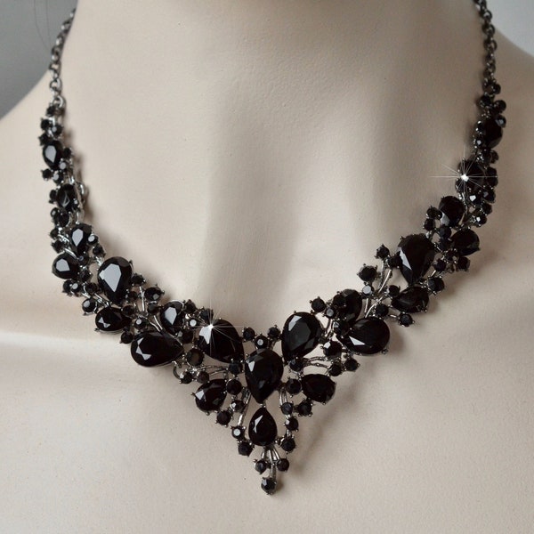 25+ Sold Dramatic Vintage Inspired Fancy Cut Jet Black Crystal Rhinestone Statement Necklace and Earring Set, Wedding (Sparkle-3171-JB)