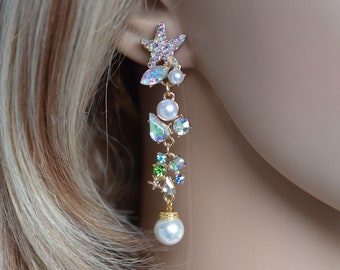 Long Starfish Aurora Borealis AB Crystals, Pearl Earrings, Beach or Destination Wedding, Bridal, Wedding (Pearl-998)