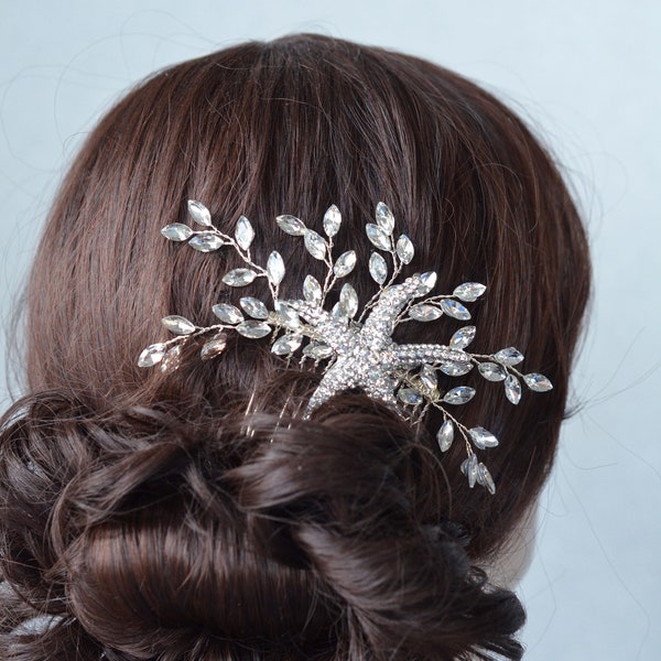 Large Starfish Crystal Rhinestone Marquise Cut Spray Hair Comb, Beach or Destination Wedding, Bridal (Sparkle-3175)