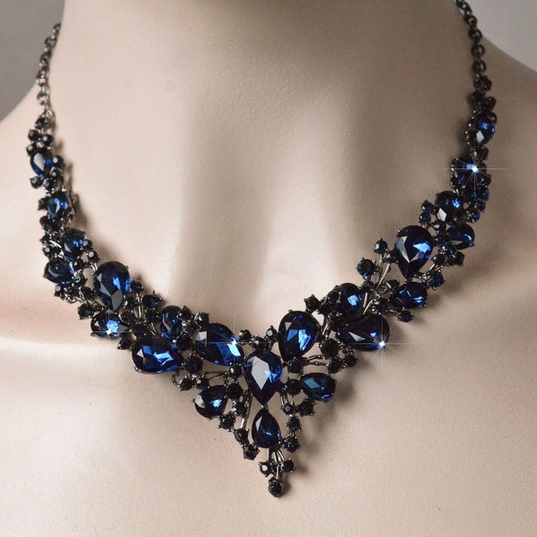 40+ Sold Dramatic Vintage Inspired Montana Dark Navy Blue Crystal Rhinestone Statement Necklace and Earring Set, Wedding (Sparkle-3171-B)