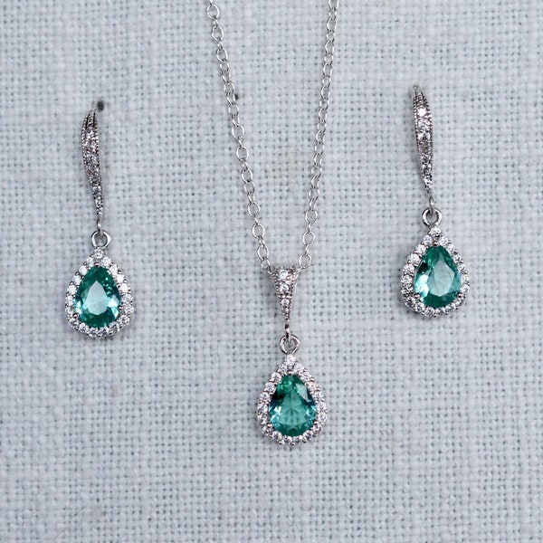 ALMOST GONE Delicate Small Classic Pale Teal Ocean Green Cubic Zirconia CZ Teardrop Halo Bridal Earrings and Necklace Set (Sparkle-3210)
