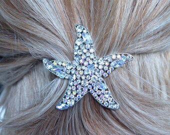 Hair Clip or Brooch, Aurora Borealis AB & Clear Crystal Silver Starfish Hair Clip or Brooch, Bridal, Beach Wedding (Sparkle-3415)