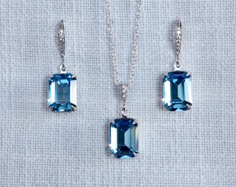 ALMOST GONE Small Swarovski Aquamarine Aqua Crystal Emerald Cut Dangle Bridal Earrings, Necklace, Bracelet, Set, Wedding (Sparkle-3254)