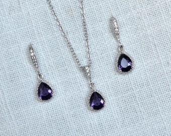 Delicate Small Classic Amethyst Purple Cubic Zirconia CZ Teardrop Halo Dangle Bridal Earrings and Necklace Set Wedding (Sparkle-3348)